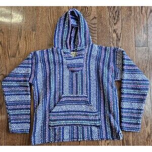 Baja Joe Mexican Poncho Hoodie Mens Small Blue Aztec Pullover Made in Mexico